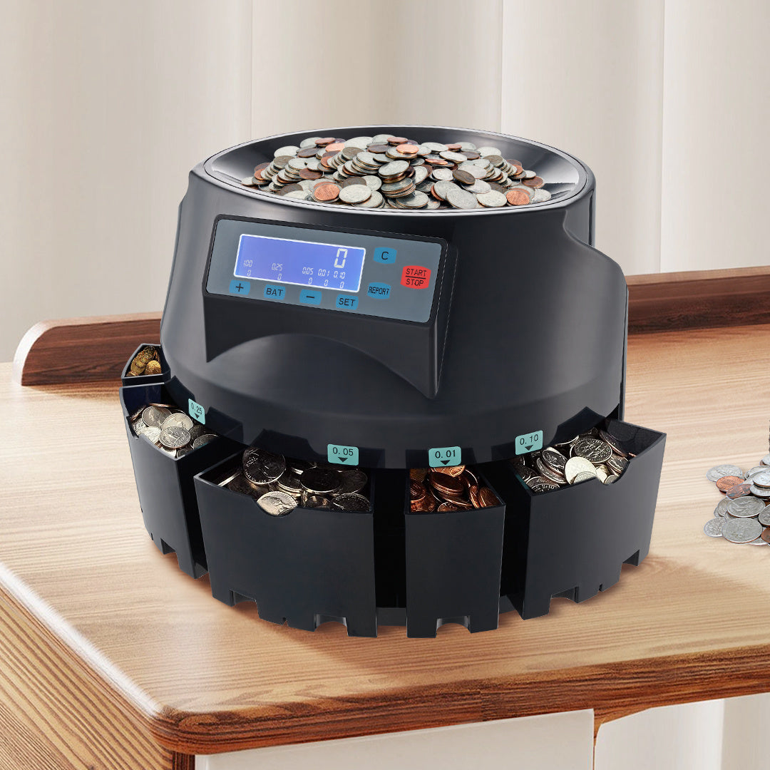 VEVOR USD Coin Counter & Coin Sorters with LCD Display, Coin Sorter Machine for USD Coin 1 5 10 25 1, Sorts up to 300 Coins/min, Change Counter Holds 2000 Coins Included 5 Coin Bins & 5 Tubes