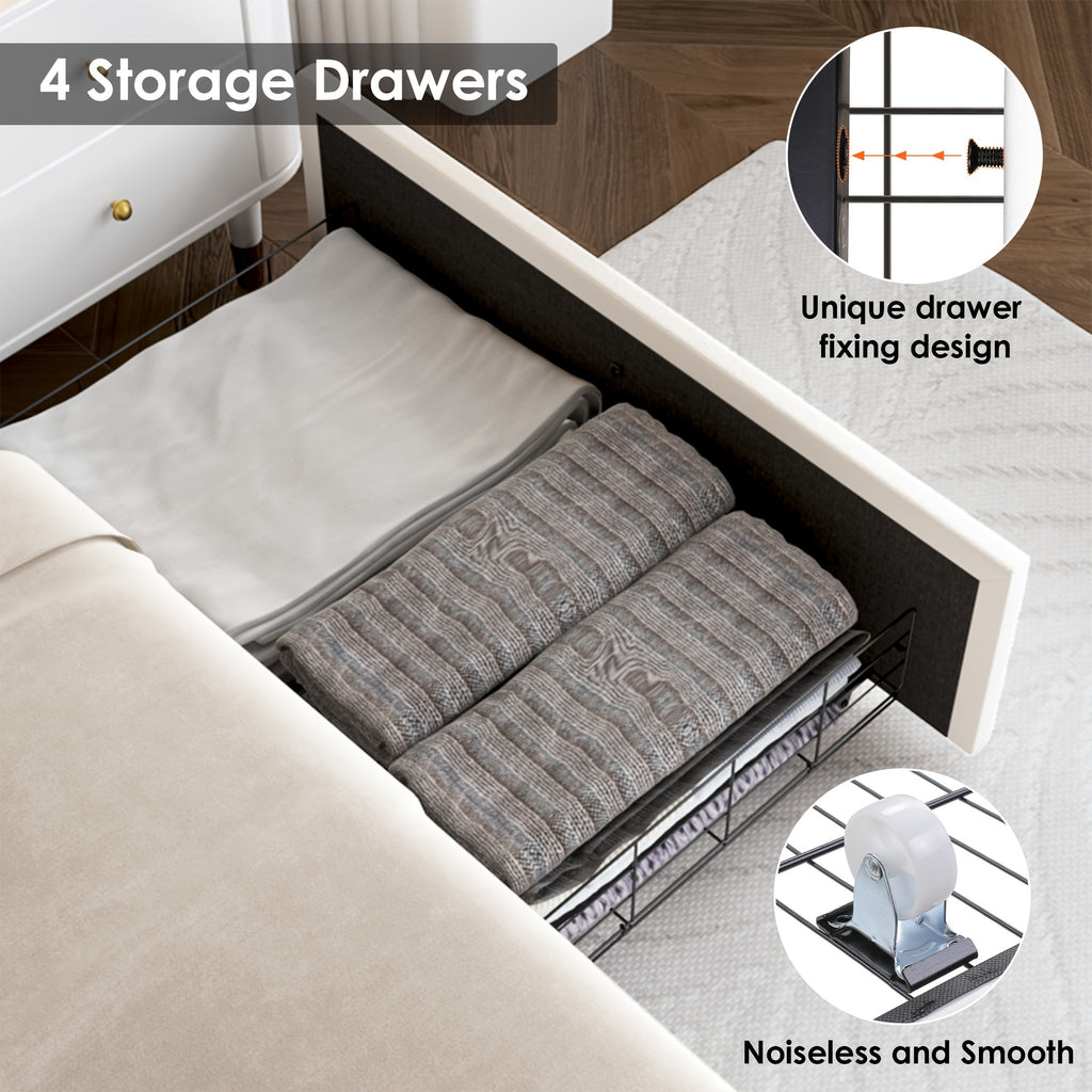 Full/Queen/King Size Modern Bed Frame with LED Headboard & 4 Storage Drawers - Upholstered Platform Bed, Button Tufted Headboard Suitable for Beige/White/Black - Assembly, No Box Spring Needed, Wood-Free
