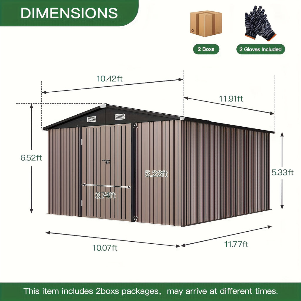 12x20/6x4ft Metal Storage Shed - Outdoor Garden Shed Kit, Lockable Tool Shed, Backyard Shed with Double Hinged Doors, Carport for Car, Truck, Bike And Lawn Mower & Equipment, Brown