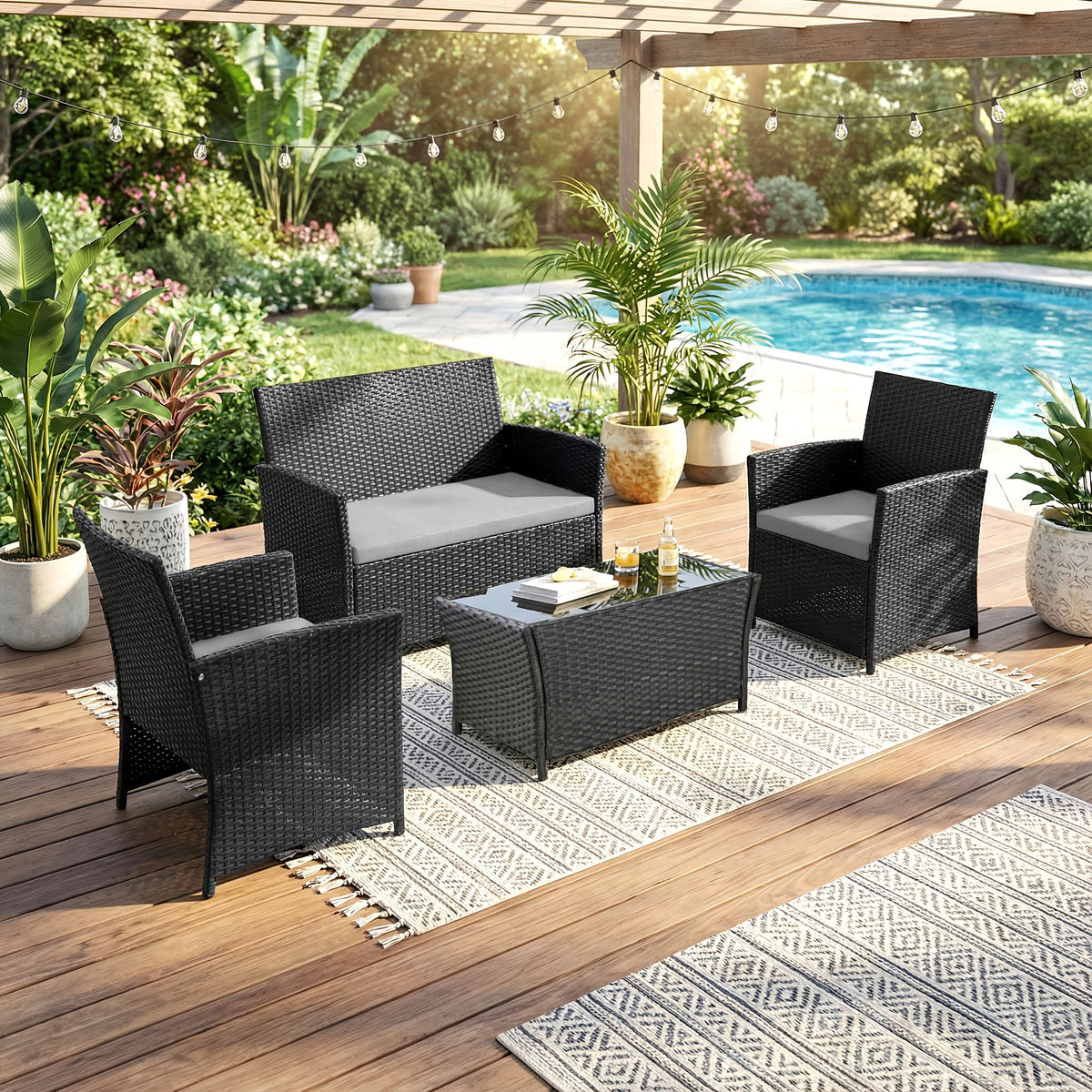 Outdoor Sectional Sofa Set with Tempered Glass Table — 4-Piece PE Wicker Patio Conversation Set