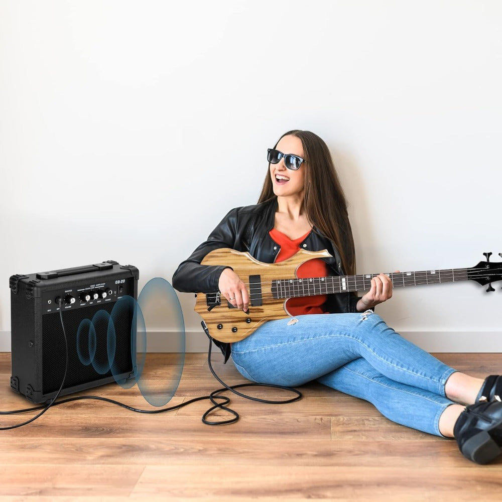 [Bass Guitar Set] Electric Bass Guitar Full Size Flame Design Bass Set with 20 Watt Amplifier, Portable Bass Bag, Superior Amp Wire, Adjustable Guitar Strap, Plectrum, Wrench Tool