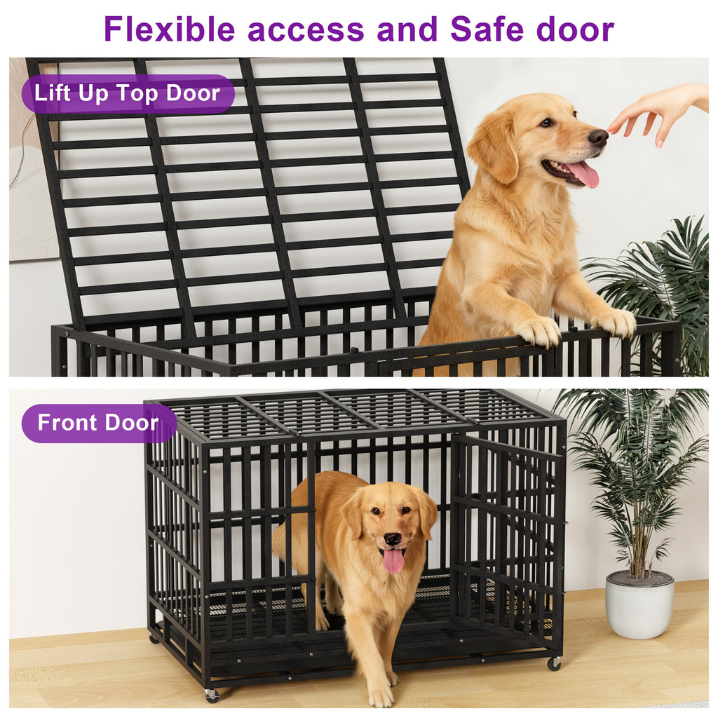 48inch Extra Large XXL Heavy-Duty Dog Crate - Double Door, Escape-Proof, Wheels, Removable Tray - Easy Cleaning Design For Large Breeds