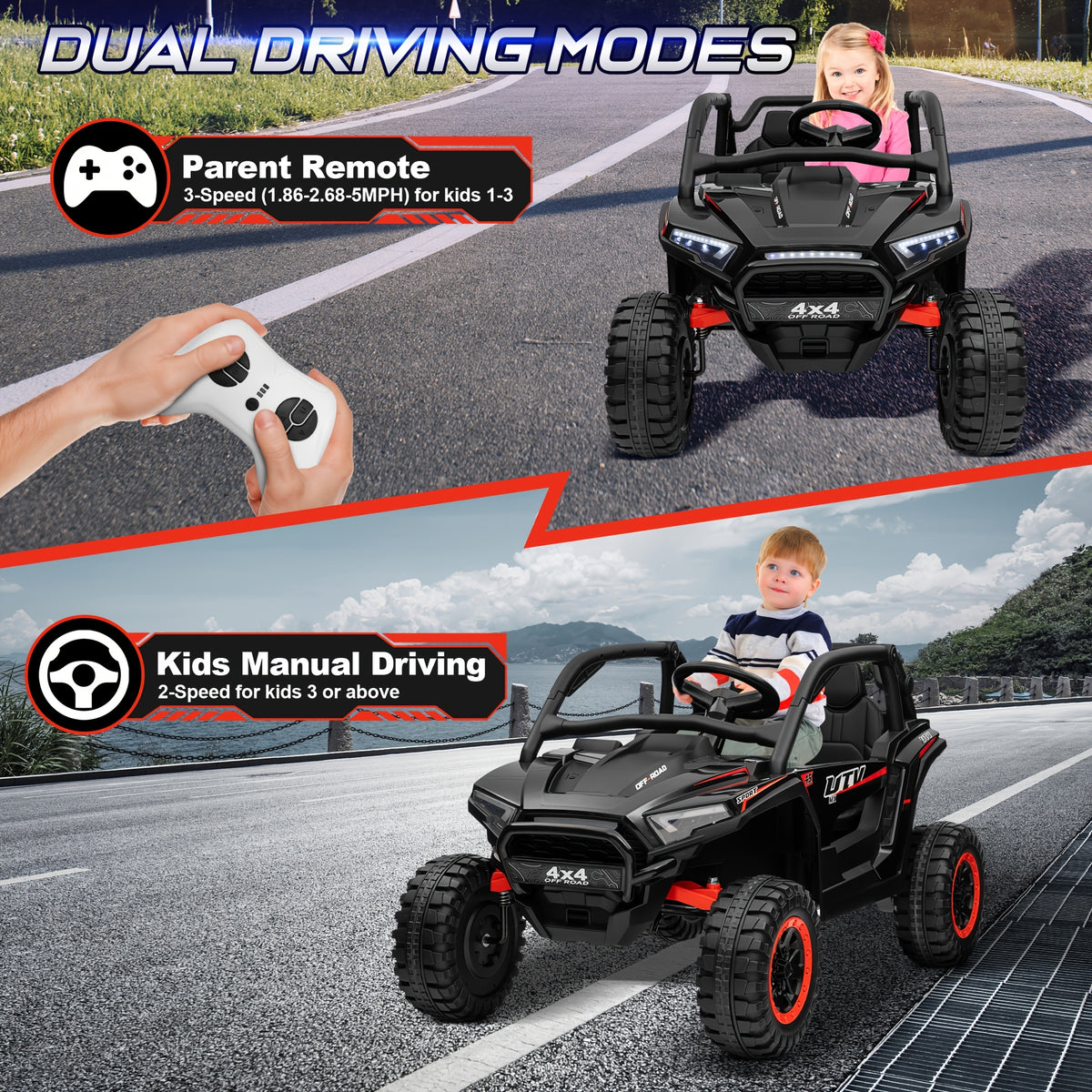 24V Ride-On Car, 2-Seater XL 4X4 Off-Road UTV with Powerful Motors, Remote Control, Music, LED Lights, 20" Wide Seat, 24 Volt Ride-On Toys for Big Kids