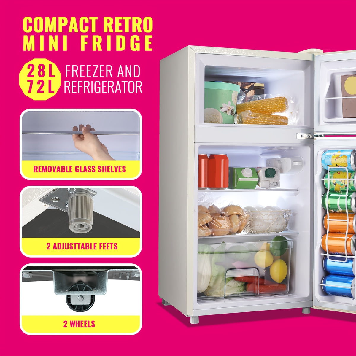 Retro Mini Fridge 3.5 Cu.Ft Refrigerator with Top Freezer Compact Fridge Apartment Size Refrigerator Dual Door Fridge with Handles Small Refrigerator for Home Office Dorm