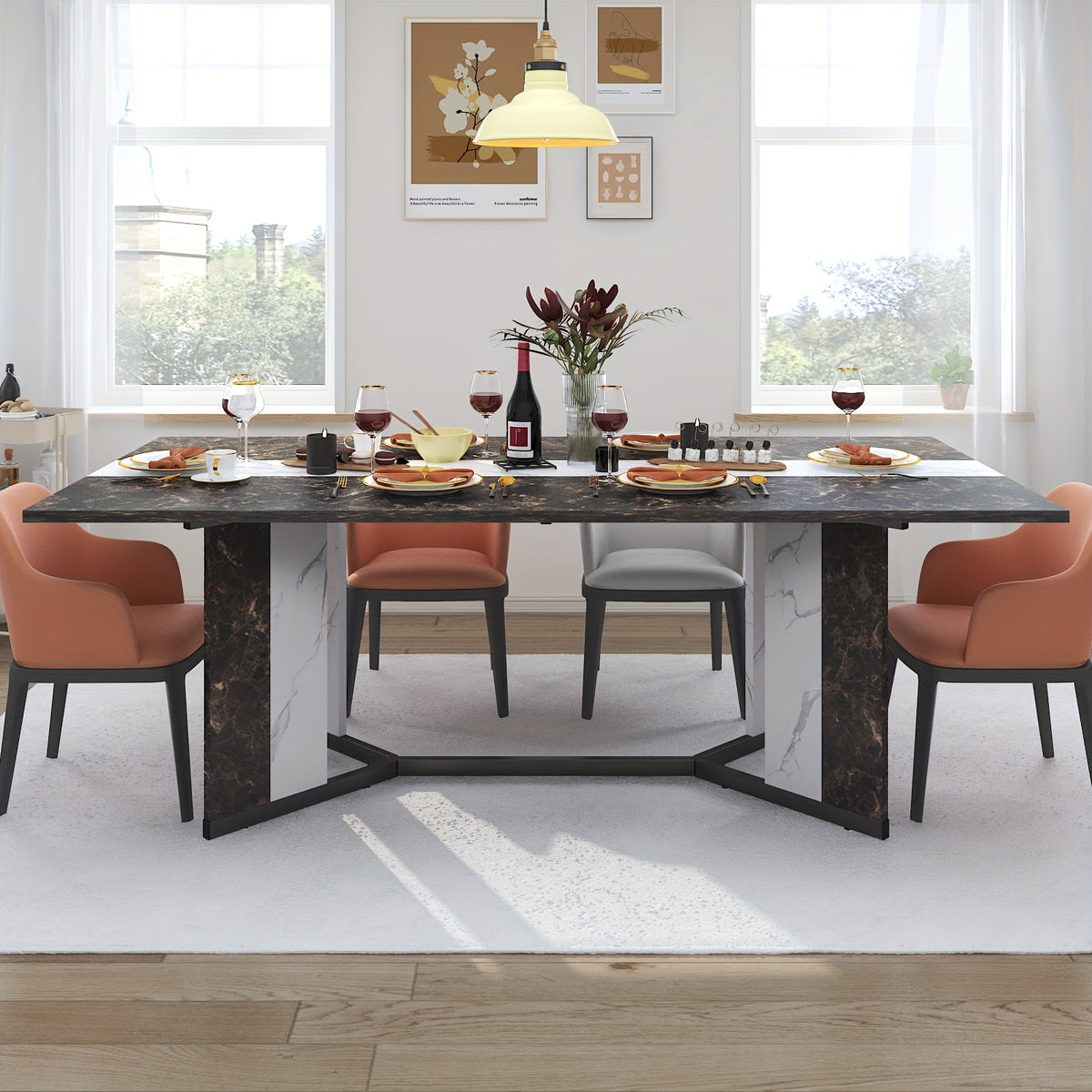 71" Rectangle Modern Dining Table For Office Kitchen Living Room, 6ft Luxurious Family Dinner Table For 4 5 6 7 People W/35 Marble-Color Wood Watrproof Tabletop, Adjustable Leg