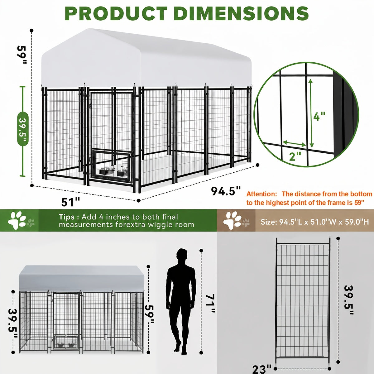 [Heavy Duty Dog Kennel] Oranland 7.8*4.3*5 Heavy Duty Dog Kennel Outdoor For Large Dogs -2025 New Design Space Efficient Welded Steel Playpen With Upgraded Secure Lock & UV-Resistant Roof & 2 Rotating Bowls Small/Medium/Large Dogs)
