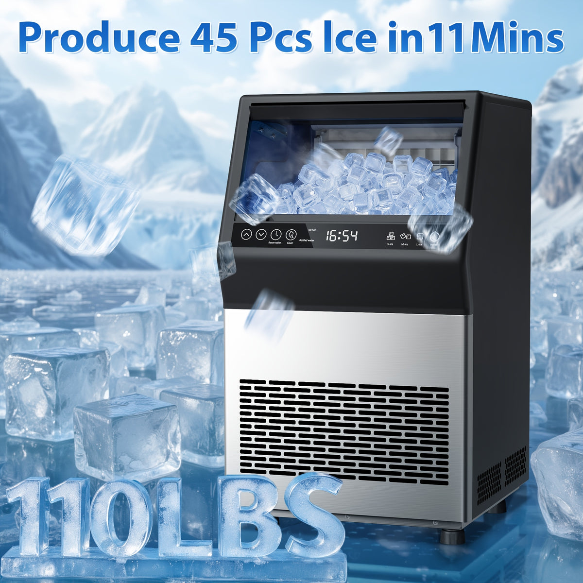 Commercial Ice Maker 110Lbs/24H Under Counter Ice Machine with 16Lbs Storage Bin, 45 Ice Cubes in 11Min, Stainless Steel Freestanding Ice Making Machine for Business
