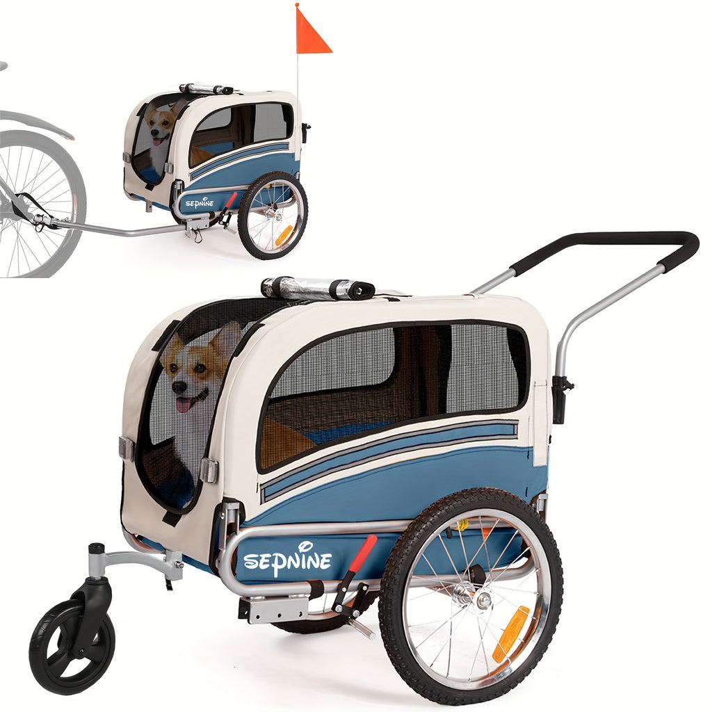 2in 1 Pet Bicycle Trailer with A 6" Stroller Wheel Suitable for Small And Medium Dogs, Carrier Up to 66 LBS, Easy Folding Cart Frame, Quick Release Wheel, Universal Bicycle Coupler