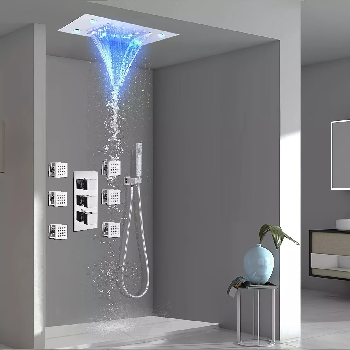 Thermostatic Shower System Set, Featuring a 14X20 Inch LED High-Pressure Rainfall Shower Head, a Luxurious Bathroom Combo with a Handheld Sprayer And Six Massage Body Jets, Including Rough-In Valve Body And Trim, Bathroom Additions in Matte Black