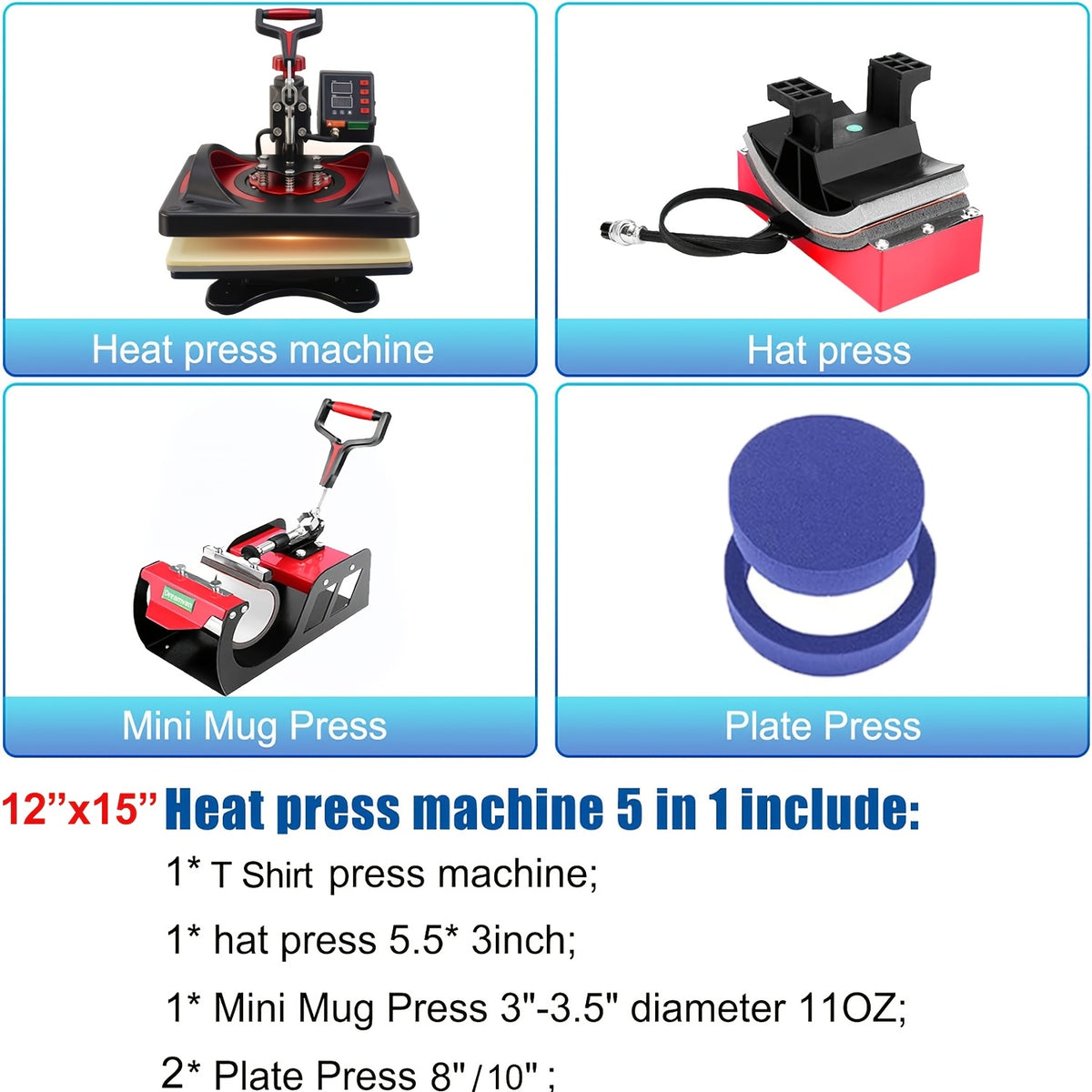 8-in-1/5-in-1 15"x12" Heat Press Machine Set, Professional Sublimation Machine, Rotatable T-Shirt Printing Heat Transfer Digital Industrial Quality Heat Press, Suitable For T-Shirts, Bags, Pillows, Mugs, Hats, Plates, Beanies