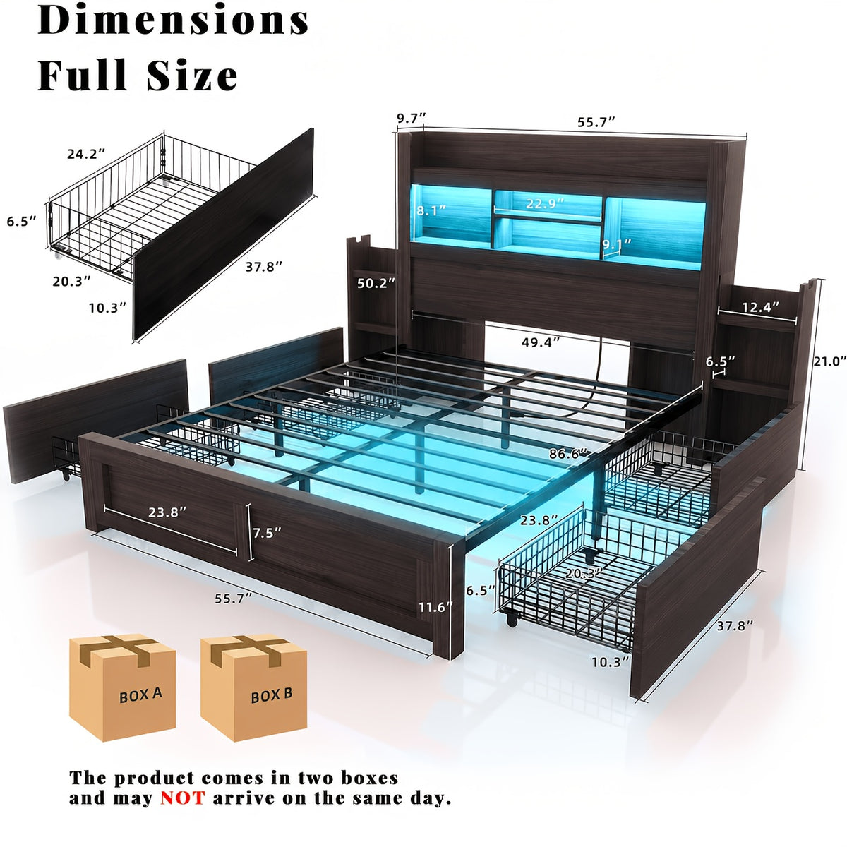 Farmhouse Wooden Bed Frame with 4 Storage Drawers, LED Bed Frame with 49" Tall Bookcase Headboard, Wood Platform Bed with Charging Station And 2 Slide Bedside Shelves