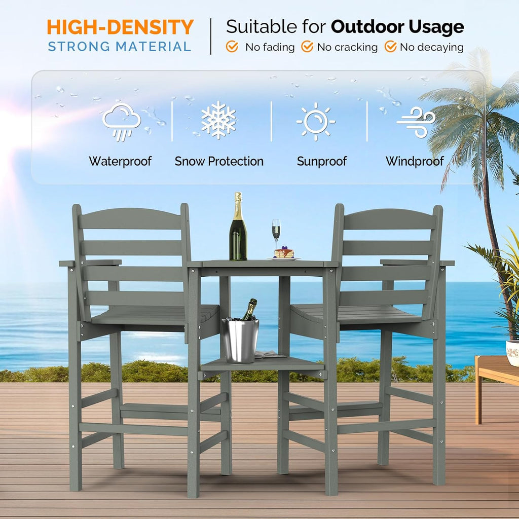 Tall Adirondack Chairs Set of 2 HDPE Balcony Chair with Double Connecting Tray Weather Resistant Outdoor Bar Stools for Patio Deck Lawn Pool Backyard Black