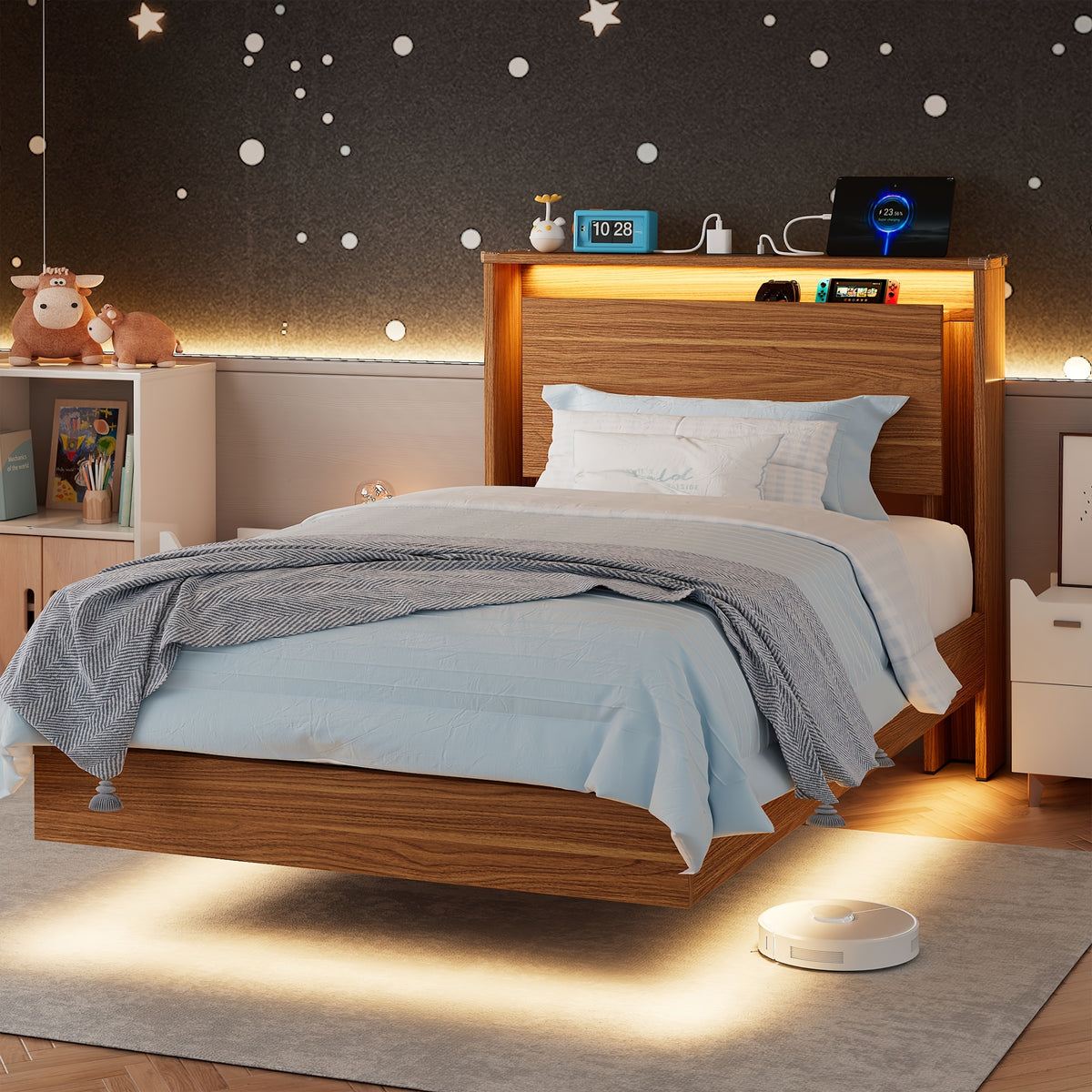 Floating Bed Frame with LED Lights & Charging Station, Heavy Duty Metal Support Frame, Easy Assembly, Bed Frame Without Mattres