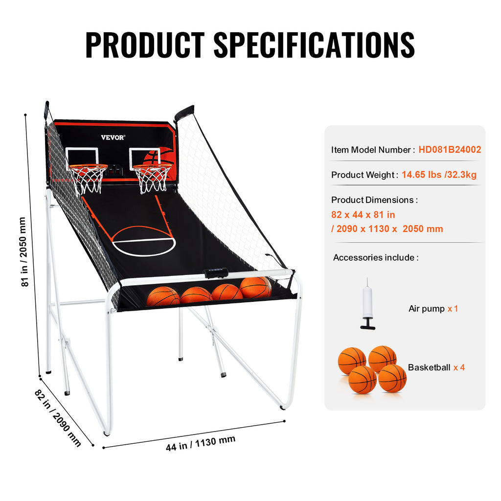 VEVOR Foldable Basketball Arcade Game, 2 Player Indoor Basketball Game, Home Dual Shot Sport with 4 Balls, 8 Game Modes, Electronic Scoreboard, and Inflation Pump, Adults (Black & White)