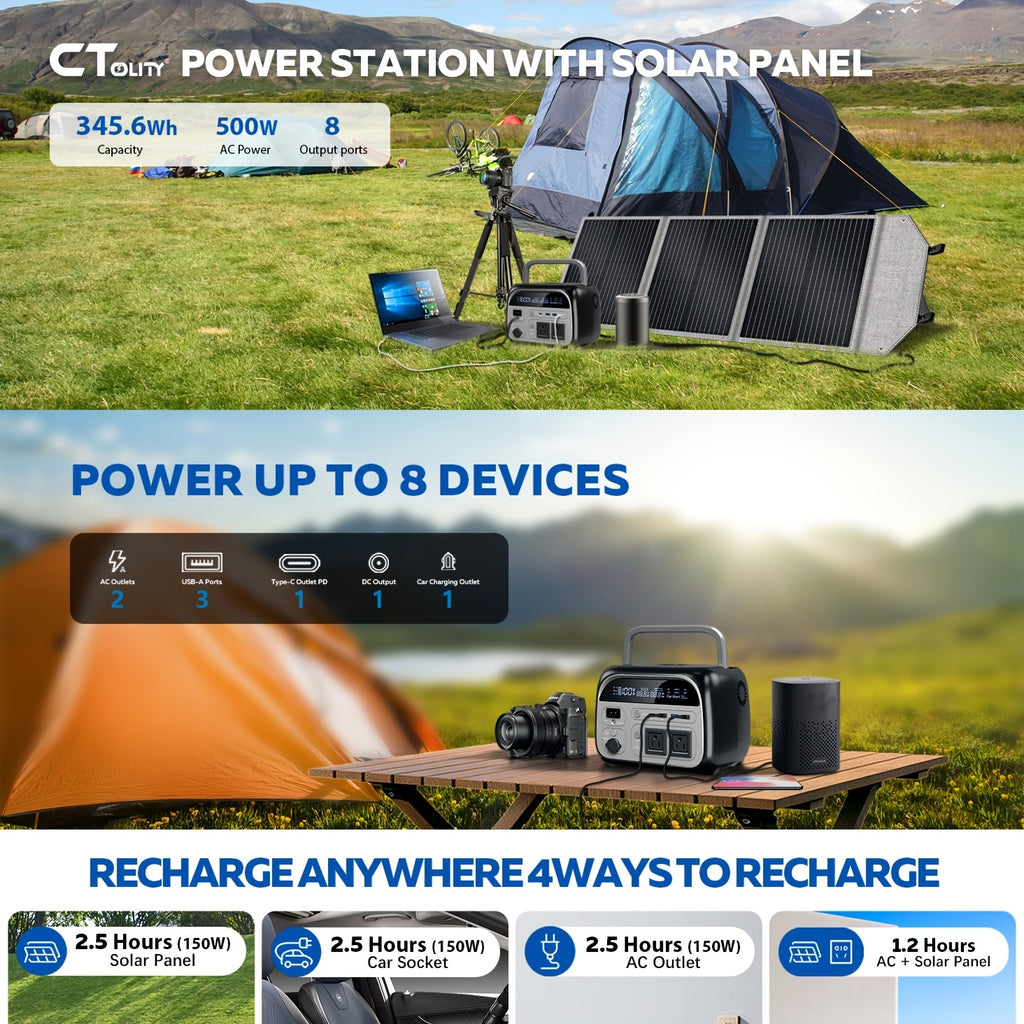 Ctolity 4800W Peak Portable Powerstation, 2400W Rate Power, UPS Function, Lifepo4 Battery, 400W/200W/100W Solar Panel Match with The Power Station, Solar Powered Survival Must Have, AP2000 2048Wh 2400W Power Station, XP1000 1024Wh 1600W, AP400 345Wh