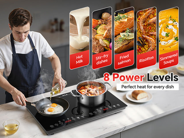 Portable Induction Cooktop 2 Burners, 1800W Double Induction Cooker with 8 Power Settings, 4 Pre-Set Modes, Ultra Thin Design, Sensor Touch Control, Child Safety Lock & Timer, Kitchen Electric Cooktop