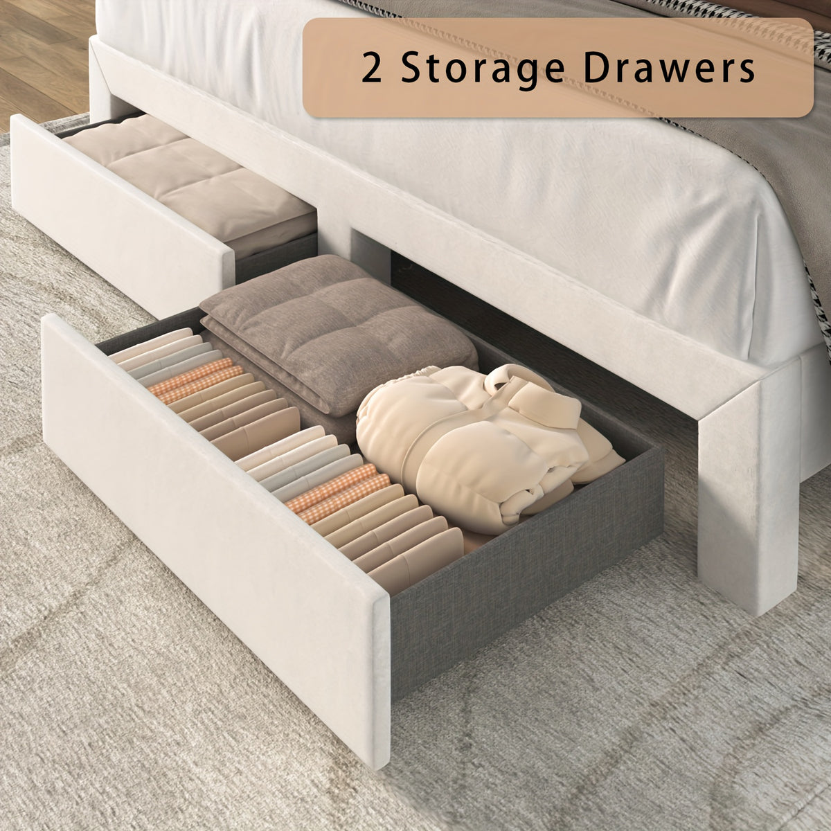Platform Bed Frame with LED Adjustable Headboard, Upholstered Bed Frame with Storage Drawers And Charging Station, Twin, Full, Queen, No Box Spring Needed, Noise Free