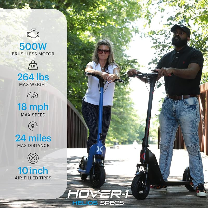 Hover-1 Helios Electric Folding Scooter, 18 MPH Top Speed, 24 Mile Range, 500 Watts Max Power, 10" Pneumatic Tires, Rear Disc Brakes, and Dual Front Suspension