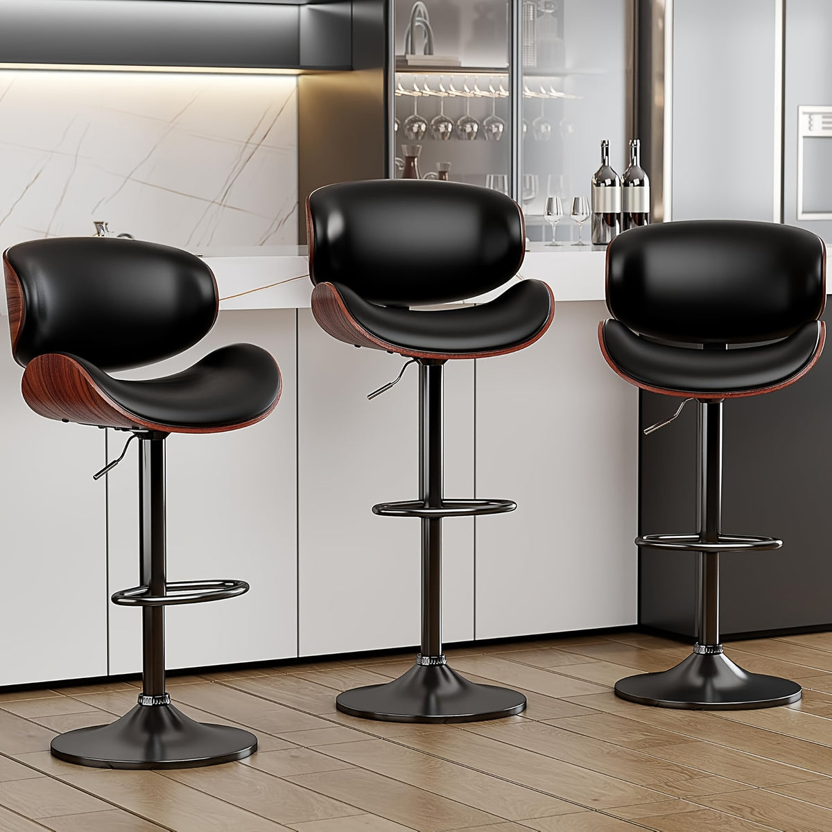3pcs Modern Faux Leather Upholstered Bar Stools, 360° Swivel Adjustable Height with Backrests, Metal Tall Bar Stools Counter Height for Kitchen Island, Hydraulic Island Barstools