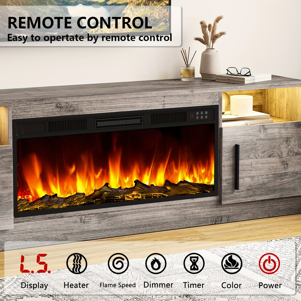 Fireplace TV Stand Entertainment Center with 36" Fireplace, Media TV Console with High Gloss Storage Cabinet And 16 Colors LED Lights, 70" Wooden TV Stand for TVs Up to 80"