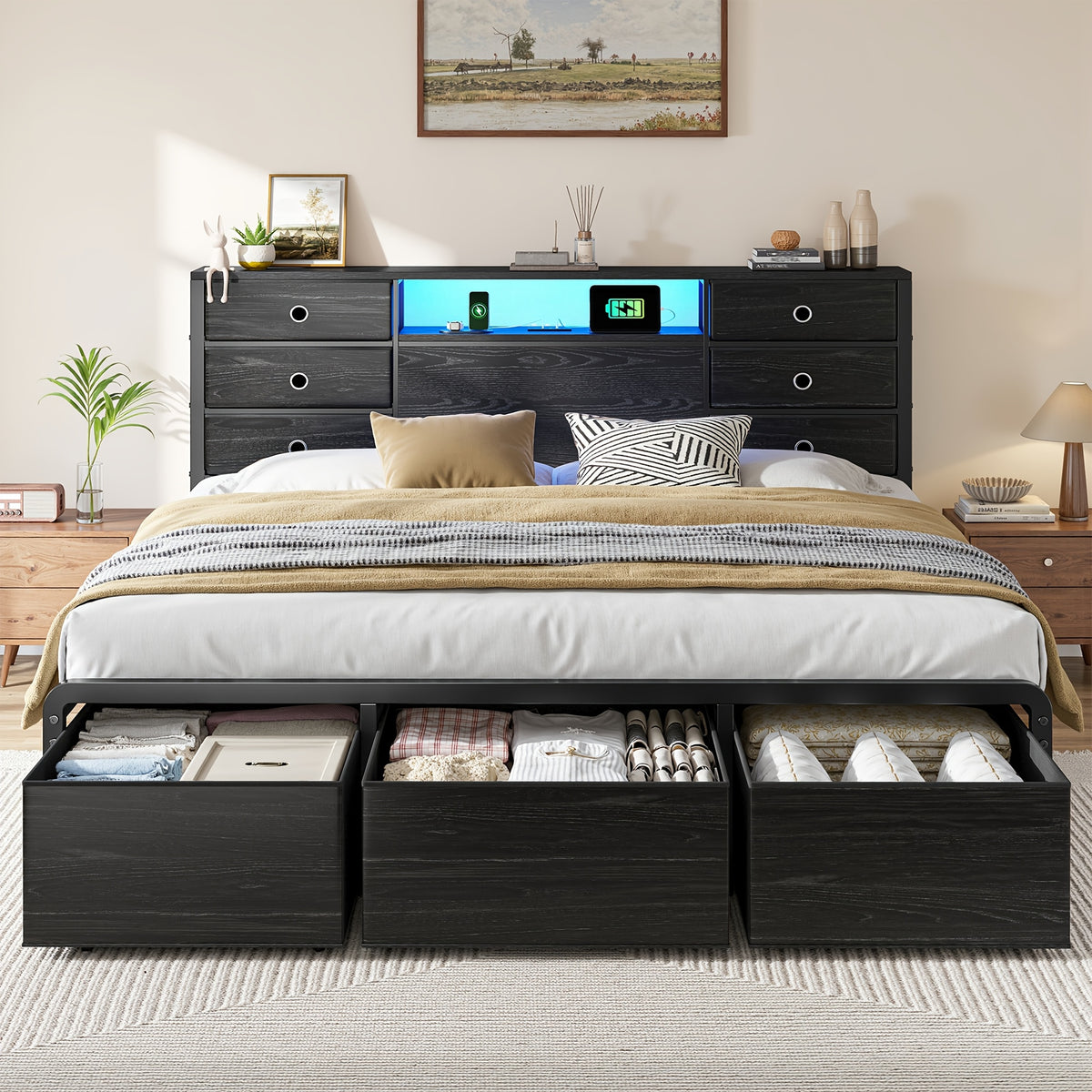 King/Queen/Full Size Storage Bed Frame With 8/9 Drawers & Headboard Storage, Strong Load-Bearing, Multi-Color LED & Power Outlet, Noiseless, Easy Assembly, Black & Tiger Brown