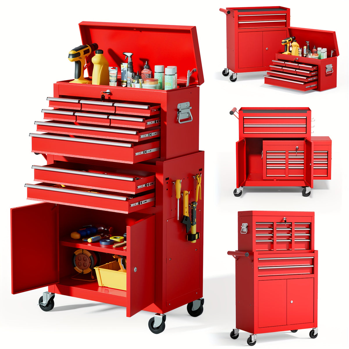 10-Drawer Rolling Tool Chest On Wheels, 2-in-1 Lockable Tool Chest with Drawers, Removable Top Cabinet And Storage Cart, Steel Tool Cart with Lining And Hooks