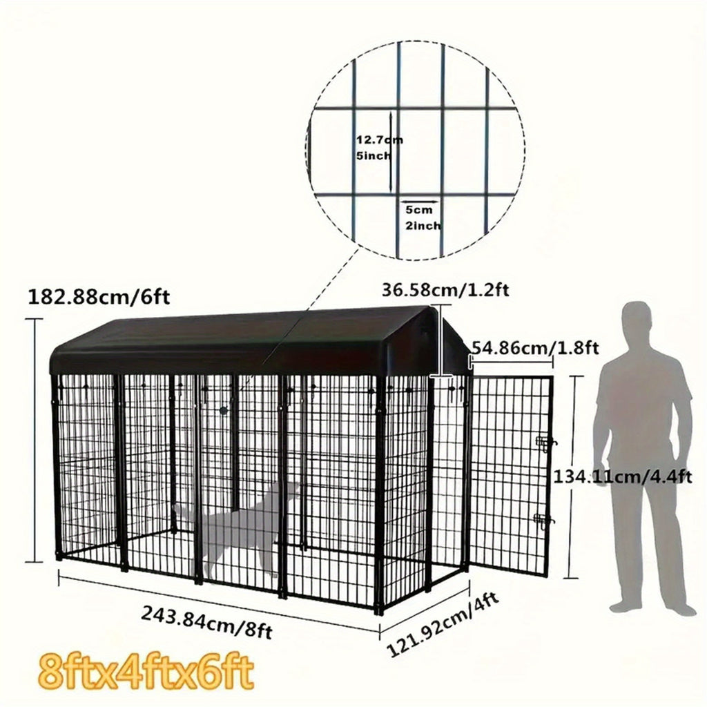 98"L x 49"W x 71"H Dog Kennel Outdoor with Waterproof Roof, 8x6x4ft Large Outdoor Kennel with Rotating Feeding Door, Bowls, Dog Cage for Outside Dog House Enclosure for Dogs, Cat, Rabbit