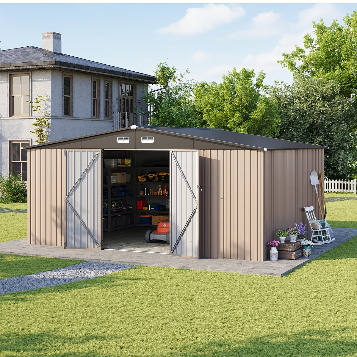 20'x12'/14'x12'/10'x8' Outdoor Metal Storage Sheds - Large Garden Tool Metal Shed, Carport Shed with Lockable Door & Galvanized Steel Construction for Garden, Backyard, Patio, Lawn( Brown)