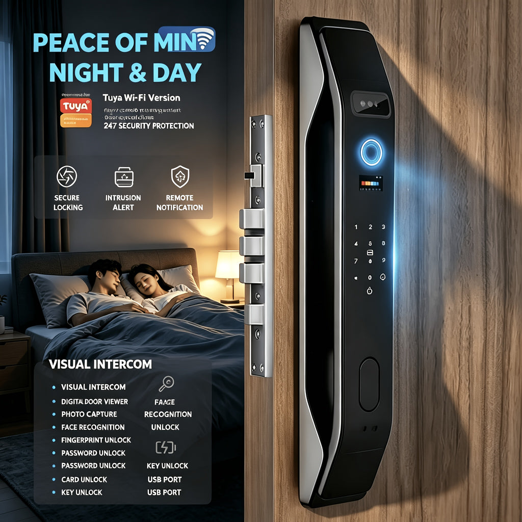 Modern AI Smart Lock with 3D Facial & Fingerprint/Palm Vein Biometric Entry, Keyless Door Lock Suitable for Home/Office, Remote Video Intercom System, Mobile App, Password/Key Entry, Smart Door Lock for Apartments