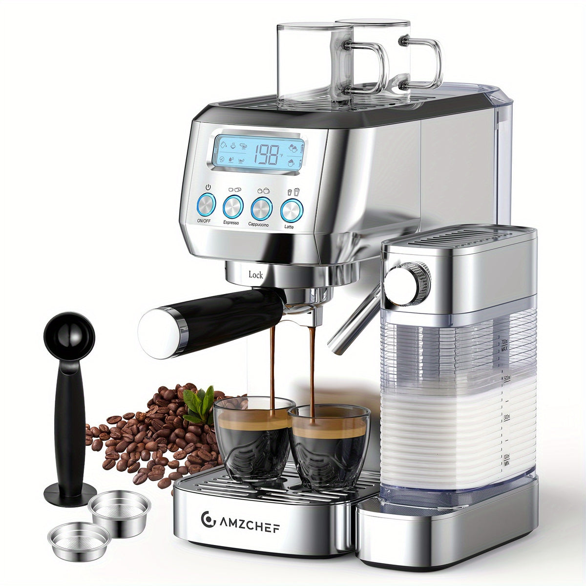 AMZCHEF Espresso Machine 20 Bar, Dual Boiler Coffee Maker with Touch Control, Cappuccino Machines with Automatic Milk Frother for Gifts, Latte Coffee Maker with Dual Wall & Filters, Easy to Use for Christmas, Halloween, Thanksgiving Family Gatherings