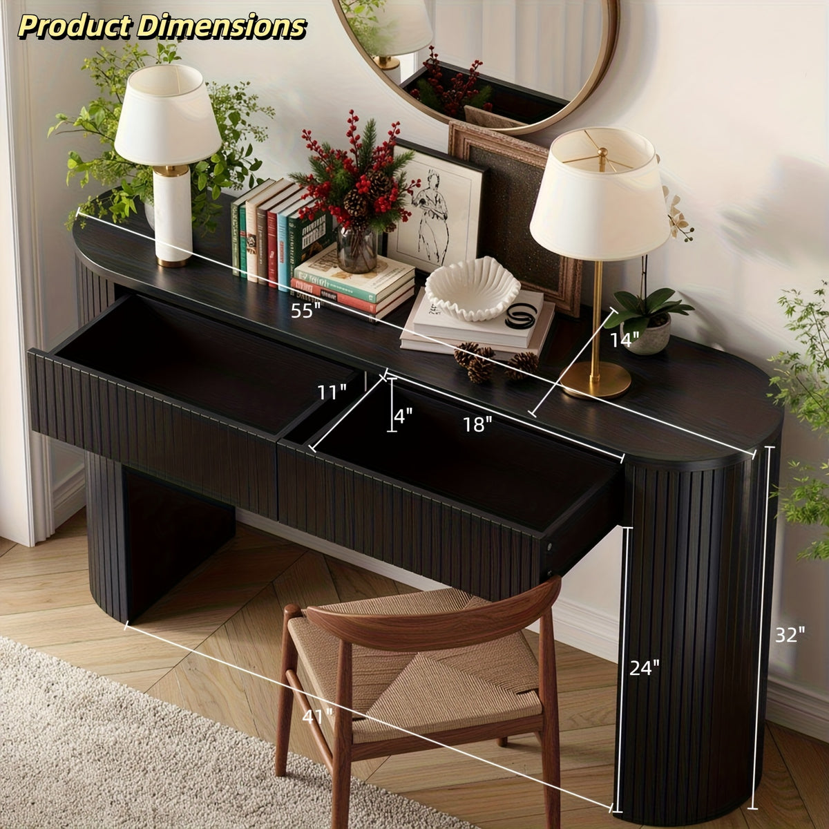 Console Table for Entryway or Behind the Sofa with Two Storage Drawers and a Clean Fluted Front Design