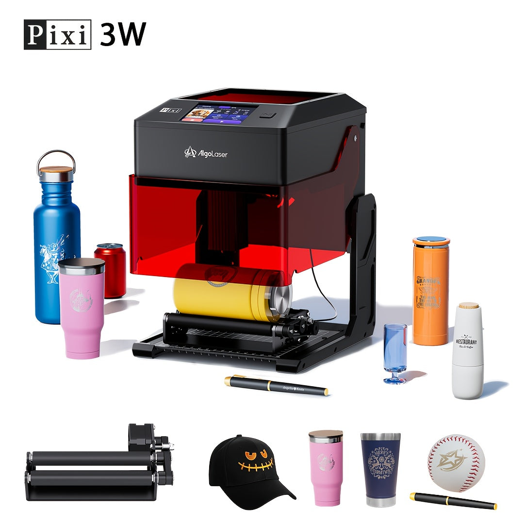 Algolaser Pixi Touchscreen Smart Engraving Machine with Roller, 100x100mm Engraving Range, DIY Holiday Craft Tool, Suitable for Engraving Oval Items Such as Water Cups, Pens, Etc., Valentine's Day Gift