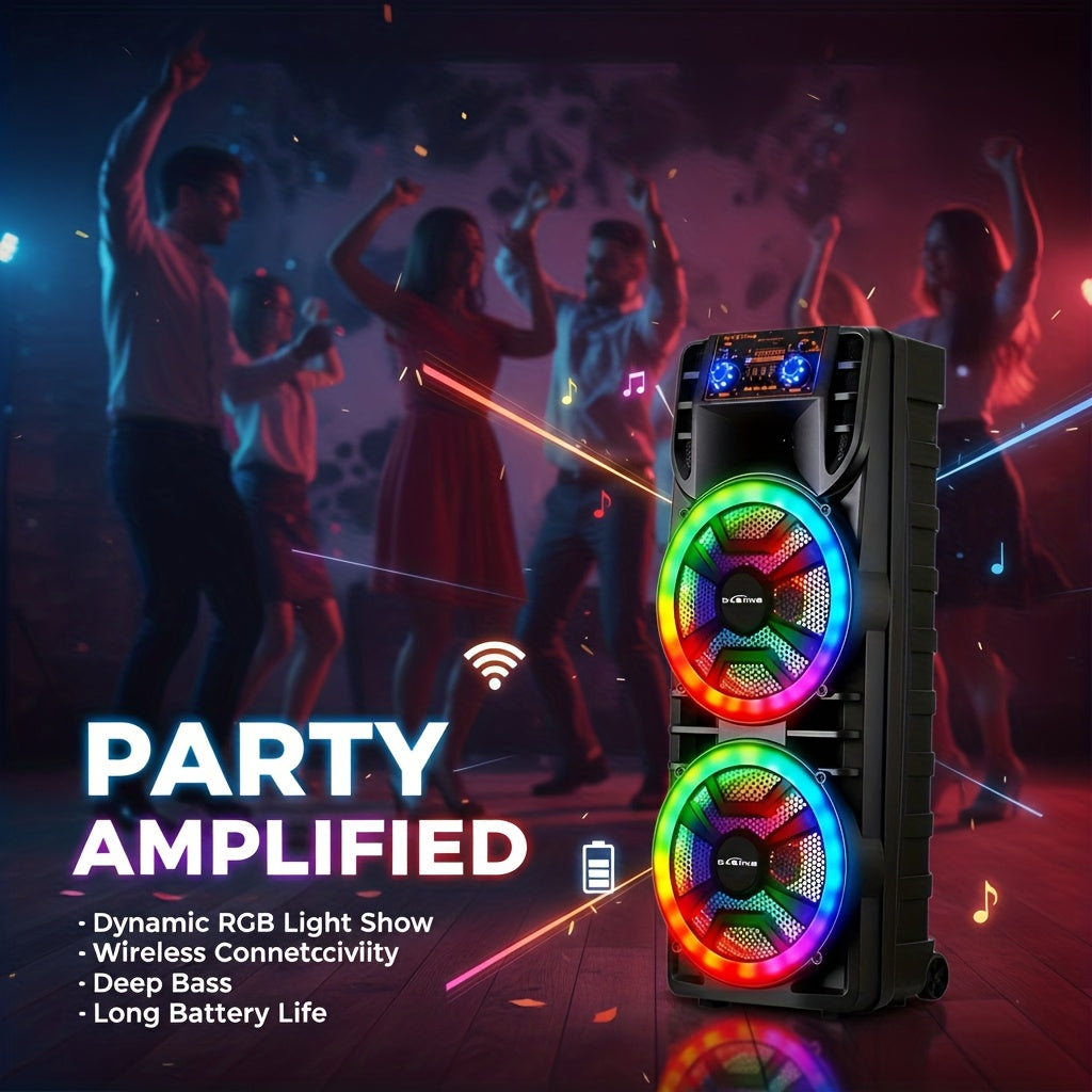 Dual 12" Portable BT Wireless Party Speaker - Powerful Bass, Loud Sound, RGB Light Show, EQ Controls (Treble/Bass/Delay/Volume), Lightweight for Outdoor/Indoor Party Events Karaoke PA System