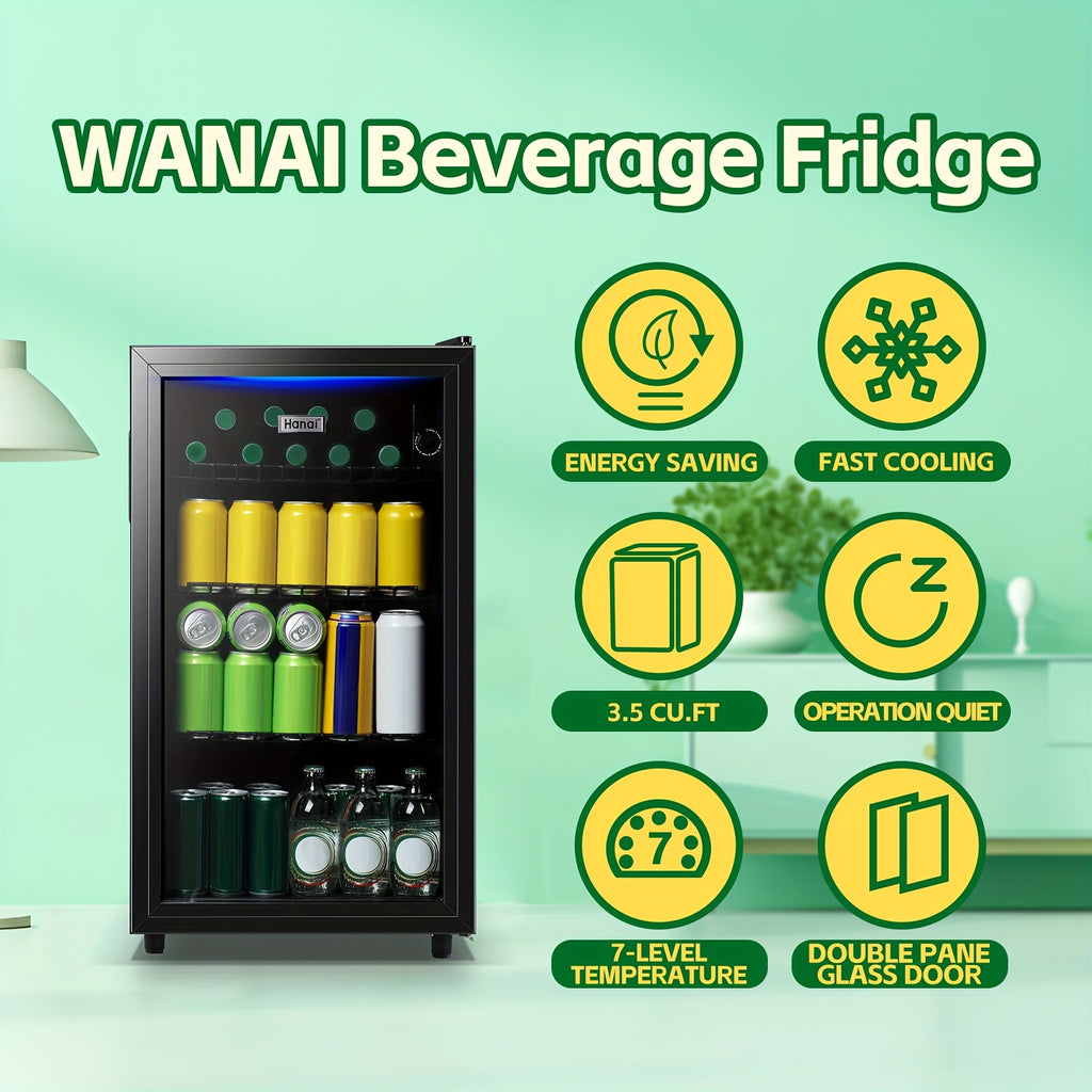 WANAI 3.5 Cu.Ft. Mini Beverage Fridge for Wine, 150 Can Small Wine Cooler for Home and Bar, Electronic Temperature Knob Control