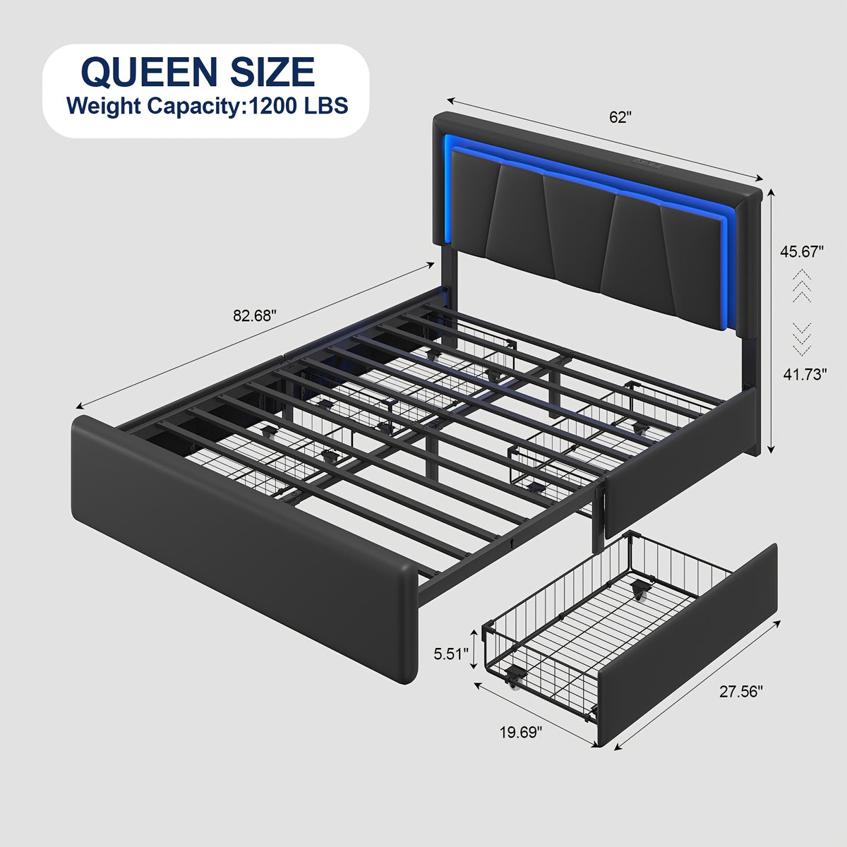 Upholstered Platform Bed Frame with 4 Storage Drawers, Twin/Full/Queen Size Bed Frame with LED Lights And Adjustable Headboard, Metal Slats Support, Charging Station, Easy Assembly, Noise Free, Black/White