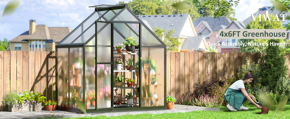 Walk-In Greenhouse by VIWAT, 6 x 11 FT Polycarbonate Garden Shelter with Roof Vent and Lockable Door, Black
