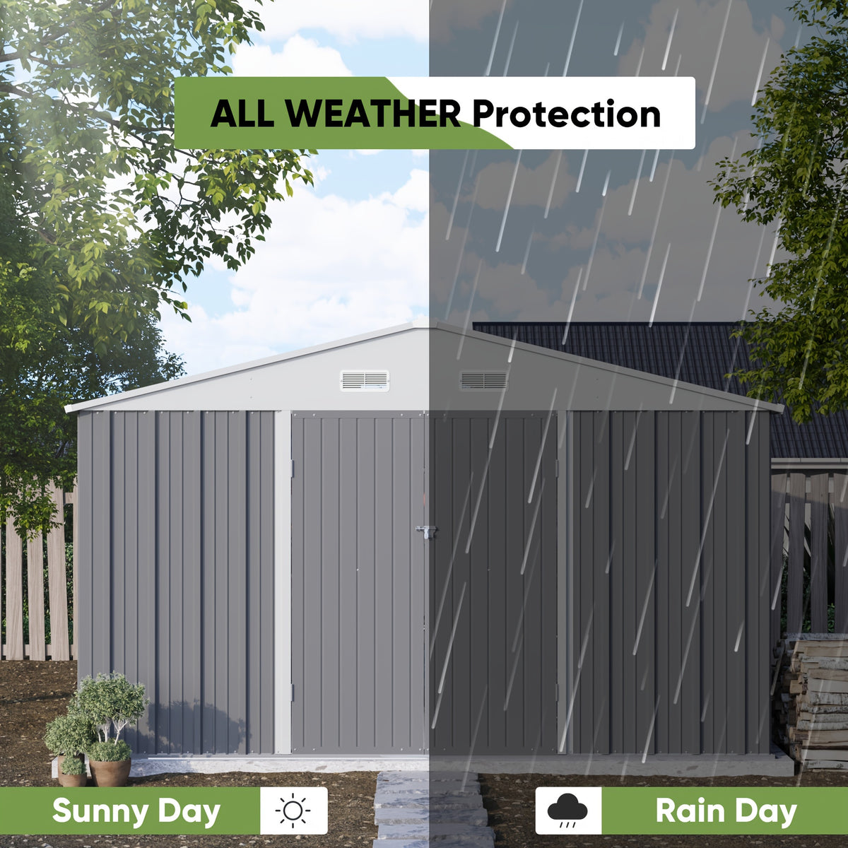 GUNJI 10 X10ft & 8 X 6ft 6 X 4ft & 5 X 3ft Storage Shed with Floor Frame, Metal Tools Shed with Design Of Lockable Doors, Utility And Tool Holder for Garden, Workshop, Backyard, Can Hold Various Tools