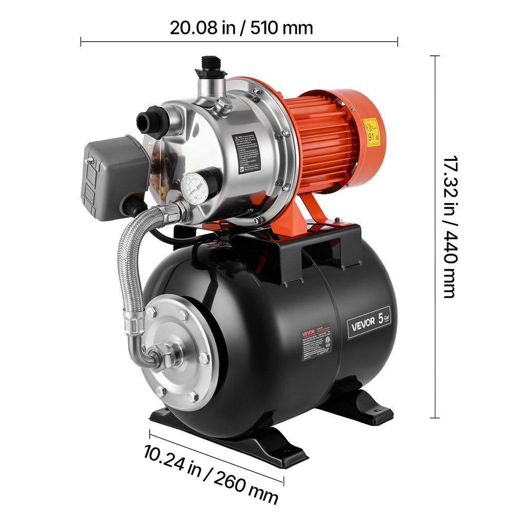 VEVOR 1.6 HP Shallow Well Pump with Pressure Tank, 120V 1320 GPH, Stainless Steel Irrigation Jet Pump with 5-Gal Tank, Automatic Water Booster System, 20/40 PSI Pressure Switch, for Home Garden Lawn