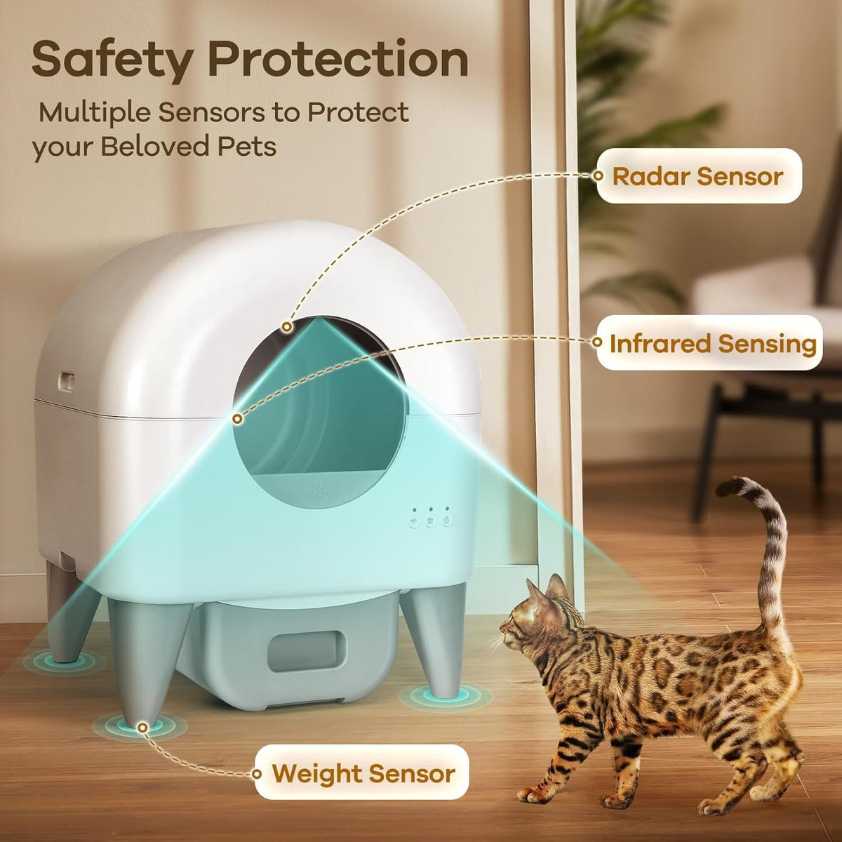 Self Cleaning Litter Box, Large Capacity Automatic Cat Litter Box Self Cleaning for Cats, App Control, Safety Protection, 2 Roll Garbage Bags, White & Grey