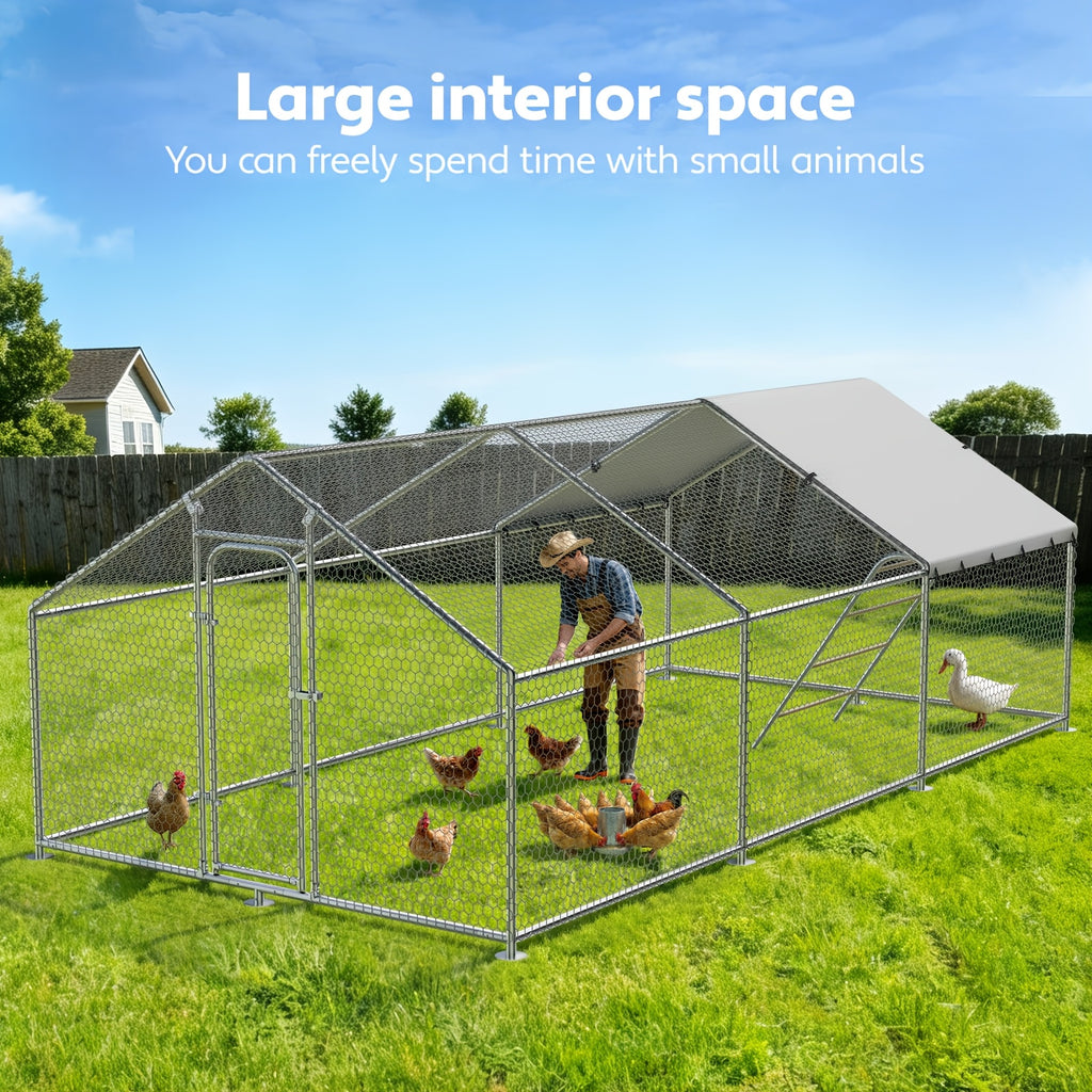Walk-In Metal Chicken Coop | Outdoor Activity Enclosure With Uv-Resistant Canopy, Predator-Proof Hexagonal Mesh, And 5-Tier Extra-Large Roosting Bars | Ideal For Backyard Housing Of Chickens, Ducks, Geese, And Small Fowl