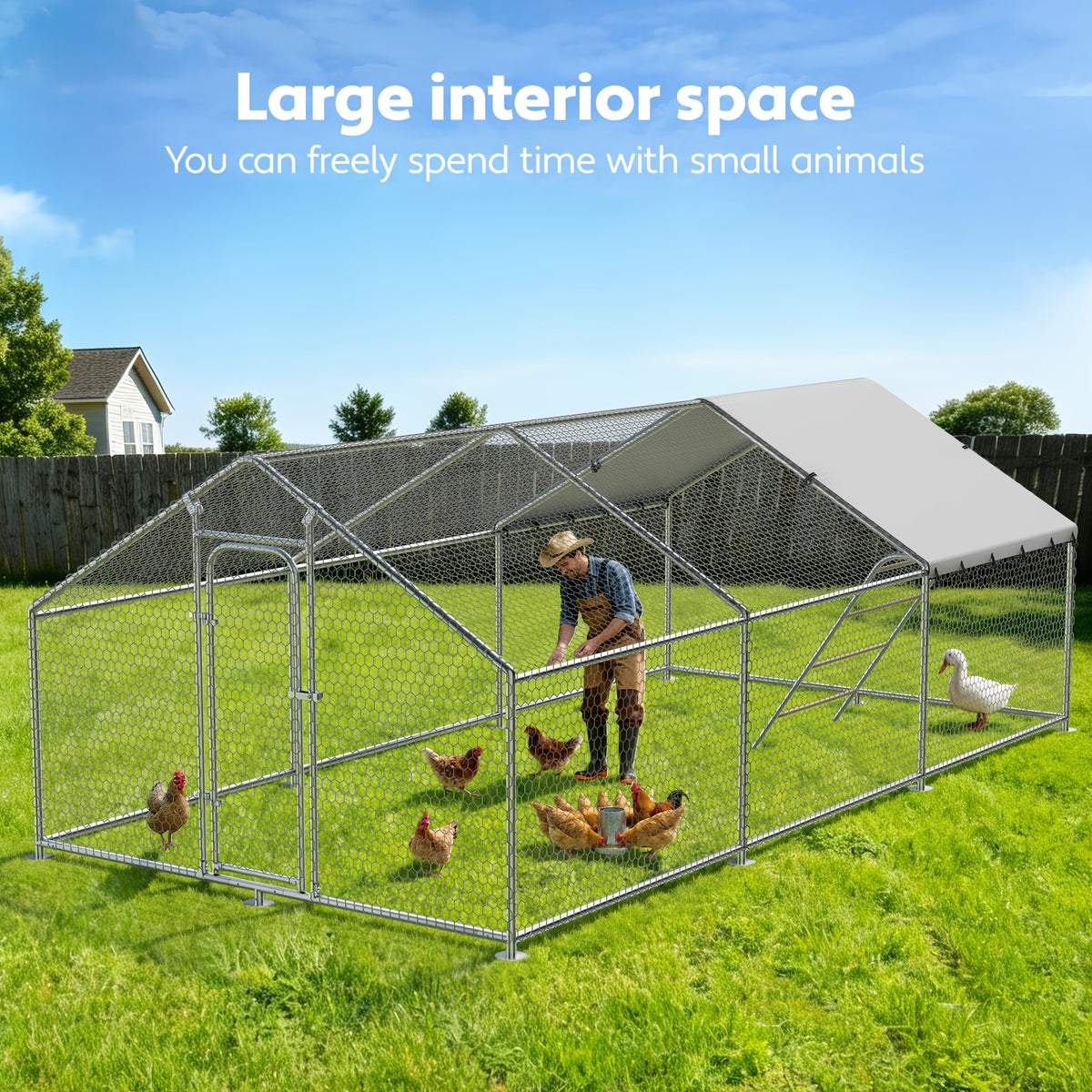 Walk-In Metal Chicken Coop | Outdoor Activity Enclosure With Uv-Resistant Canopy, Predator-Proof Hexagonal Mesh, And 5-Tier Extra-Large Roosting Bars | Ideal For Backyard Housing Of Chickens, Ducks, Geese, And Small Fowl