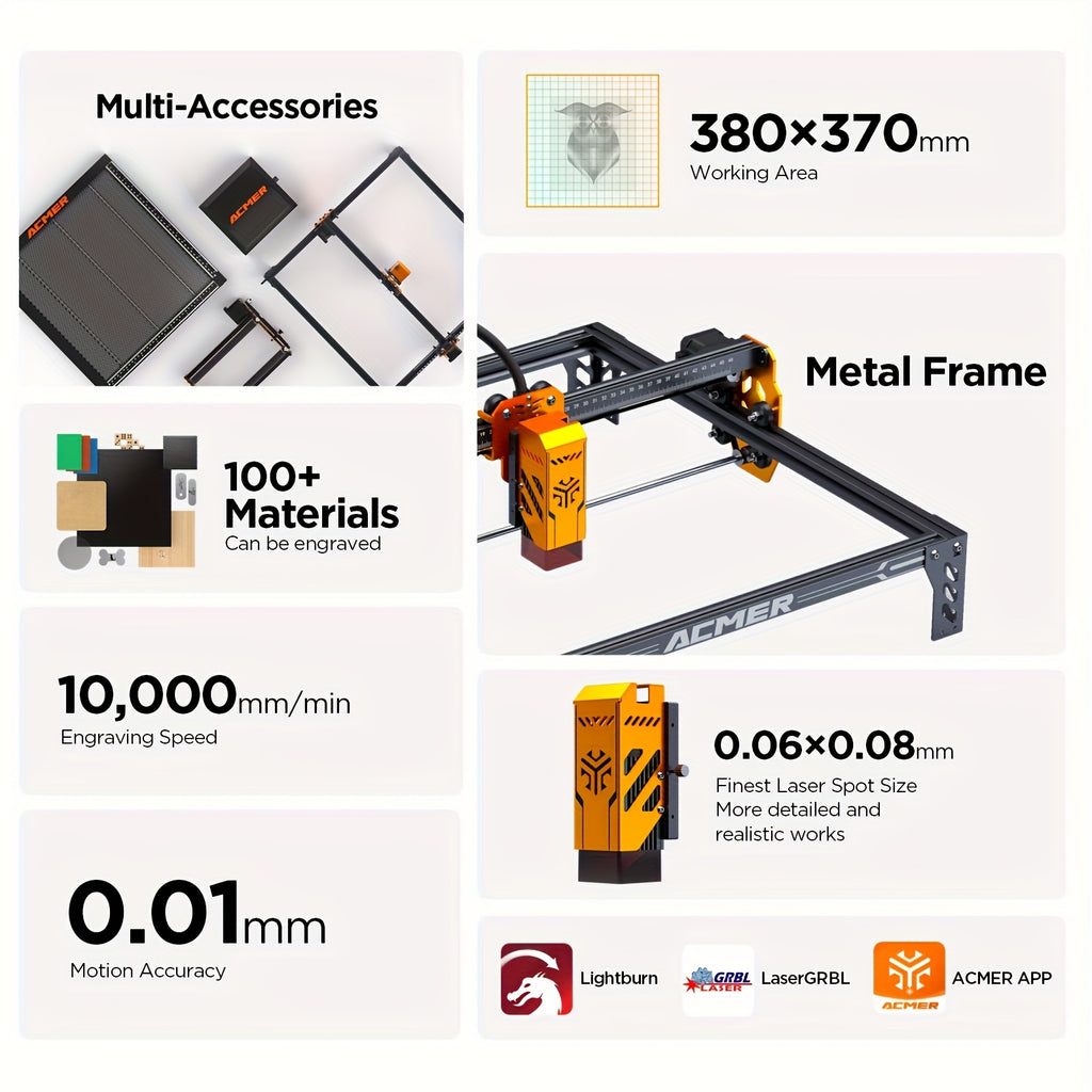 ACMER Laser Engraving Machine, 380x370mm Large Engraving Area, Supports Mobile APP Control, Compatible with Lightburn/LaserGRBL Systems, POM Pulley for Noise Reduction, Can Engrave Wood,, Non-reflective Coatings, Etc., a Practical Engraving Tool