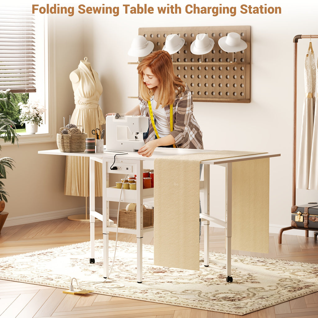 50" Foldable Sewing Cutting Table | Height Adjustable Craft Table with Charging Station and Storage, Metal Frame, Mixed Color, Plug Powered - BESIOIST