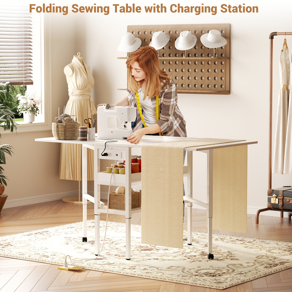 50" Foldable Sewing Cutting Table | Height Adjustable Craft Table with Charging Station and Storage, Metal Frame, Mixed Color, Plug Powered - BESIOIST