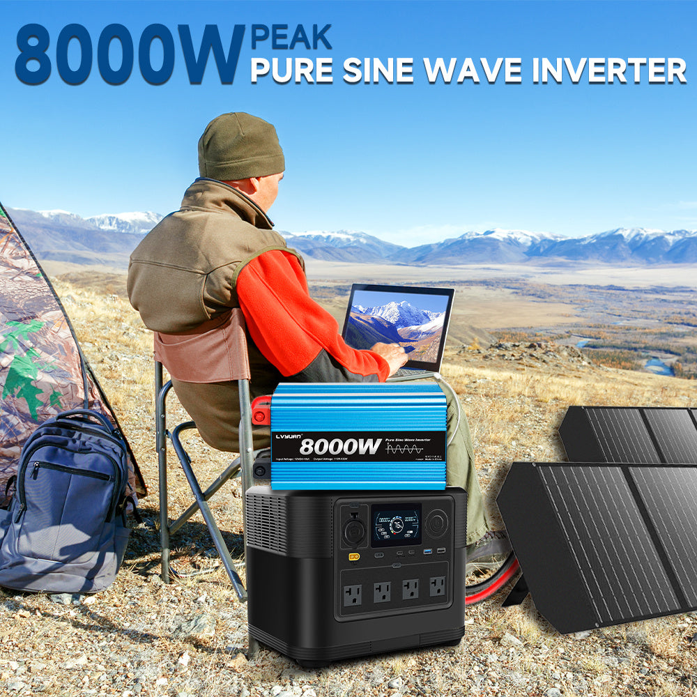 Pure Sine Wave Inverter 8000W (Peak)Car Power Inverter Efficient 12V/24V DC To 110V 120V AC With LCD Display And Remote & Troubleshooting, 4 US Sockets For Vehicles Car Chargers For Home Solar System RV Vans, Without Battery