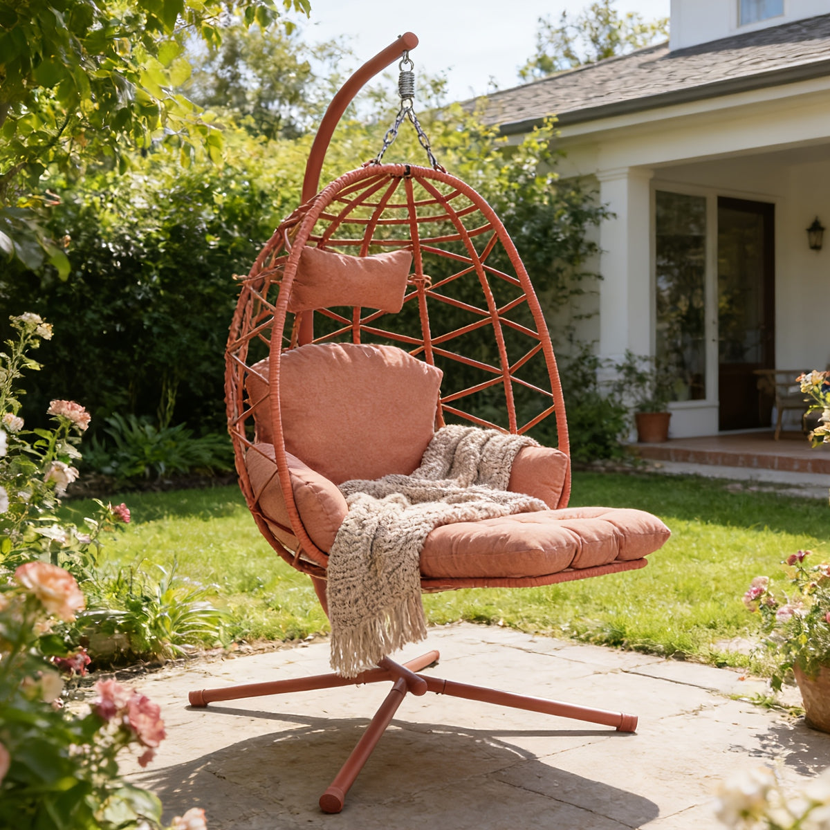 Hanging Egg Chair with Stand & Leg Rest, 350lb Rattan Wicker Swing Chair with Cushion, Patio Basket Hanging Chair Wicker Hammock Chair for Outdoor Garden Backyard Balcony, All-Weather Resilient