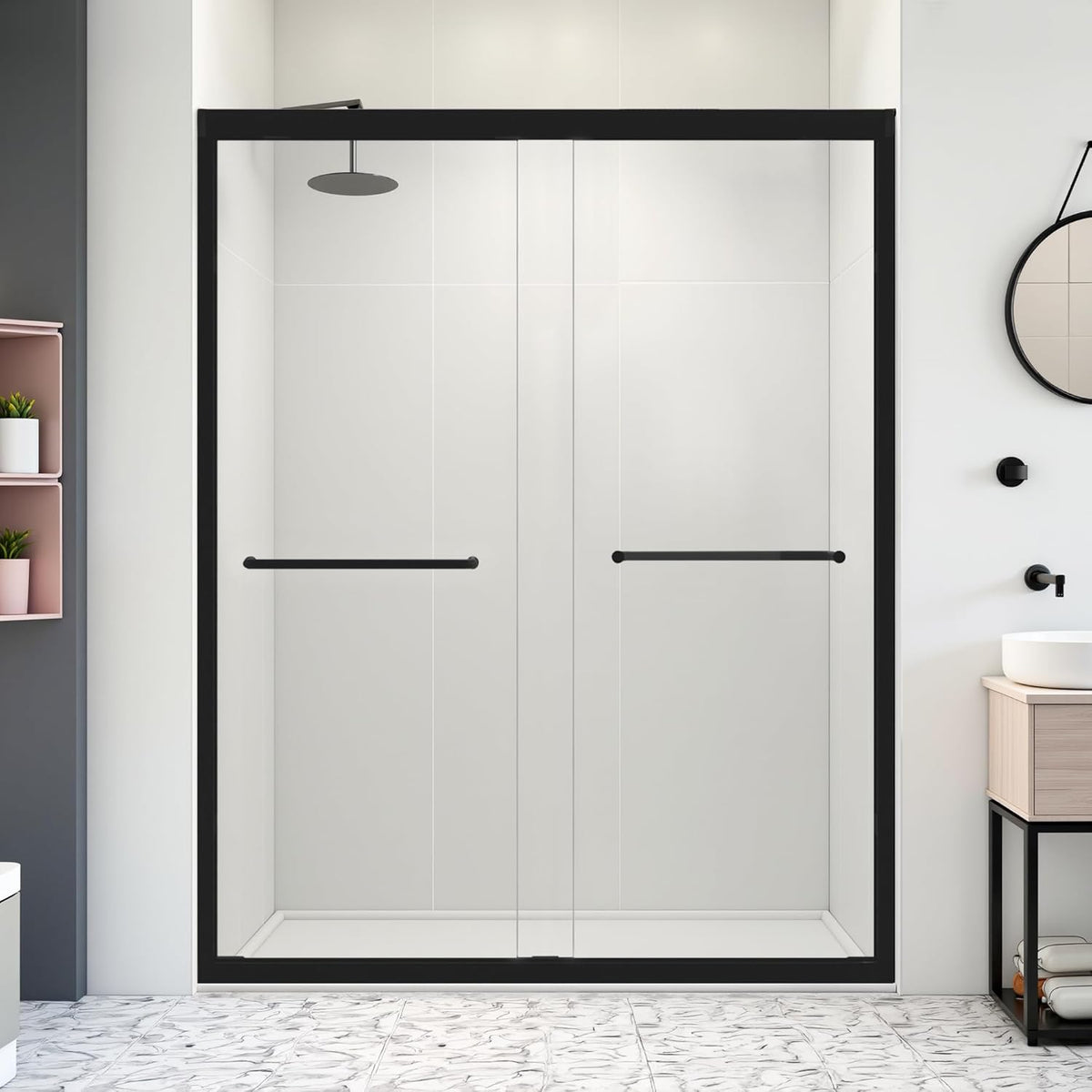 56-60" W X 72" H Double Sliding Shower Door - 1/4" (6Mm) ANSI/SGCC Tempered Glass | Matte Black/Brushed Nickel Aluminum Frame And Stainless Steel Handles
