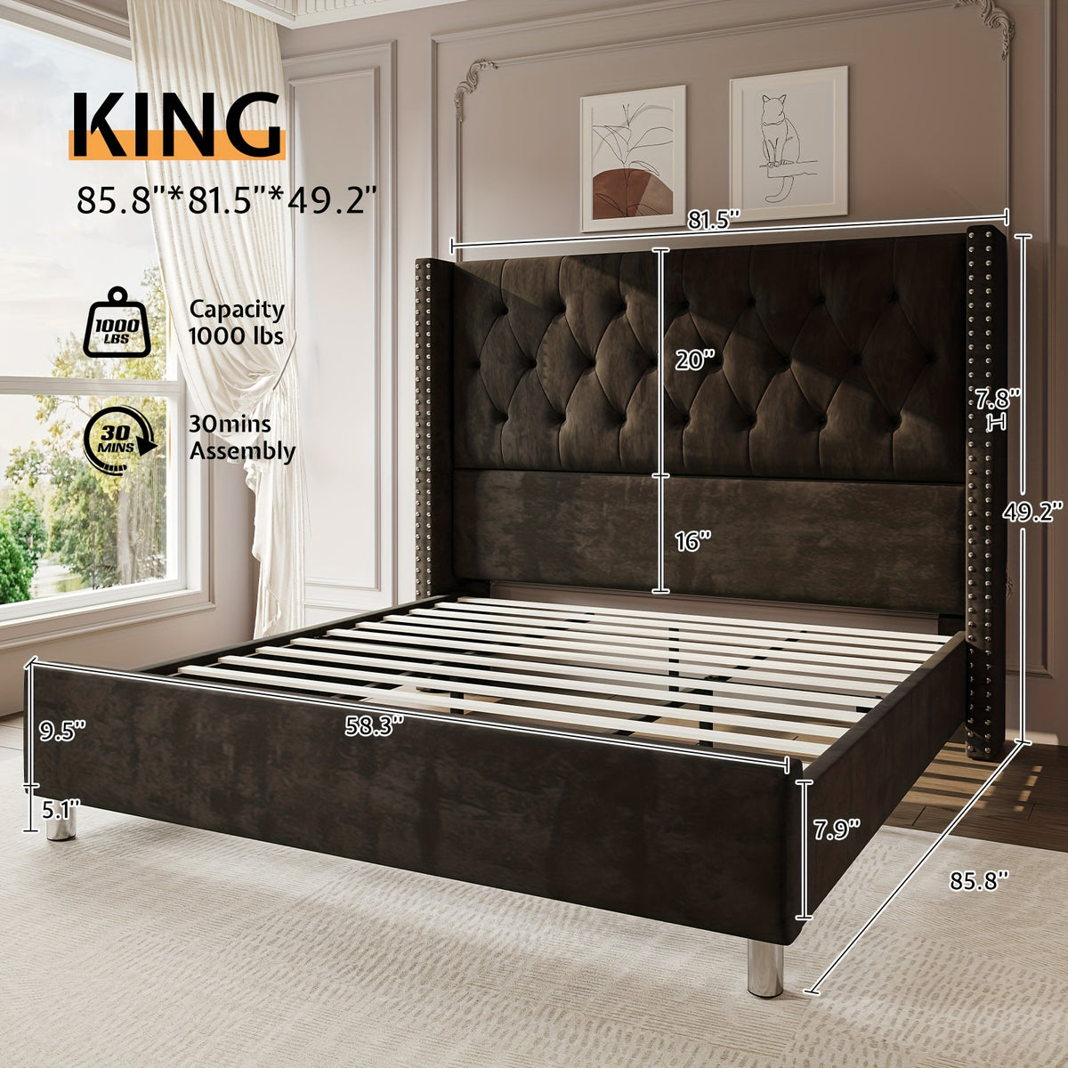 Papajet Velvet Upholstered Bed Frame with Wingback Headboard, No Box Spring Required