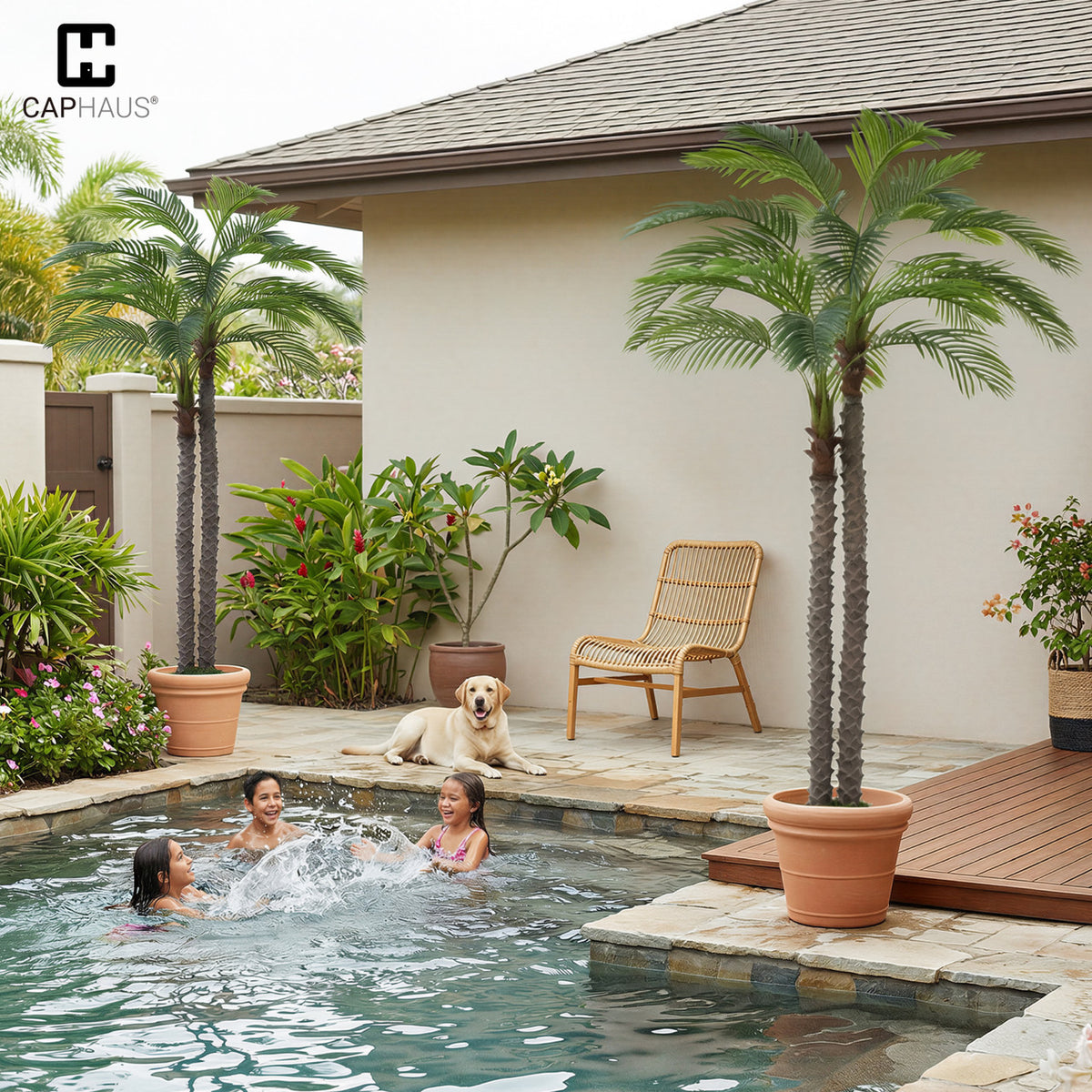 CAPHAUS 10FT Artificial Phoenix Palm Tree, Double Stem Faux Palm with Black Pot, Realistic Fake Plant for Indoor Outdoor Home Office Patio Décor, Low Maintenance Large Artificial Palm Tree