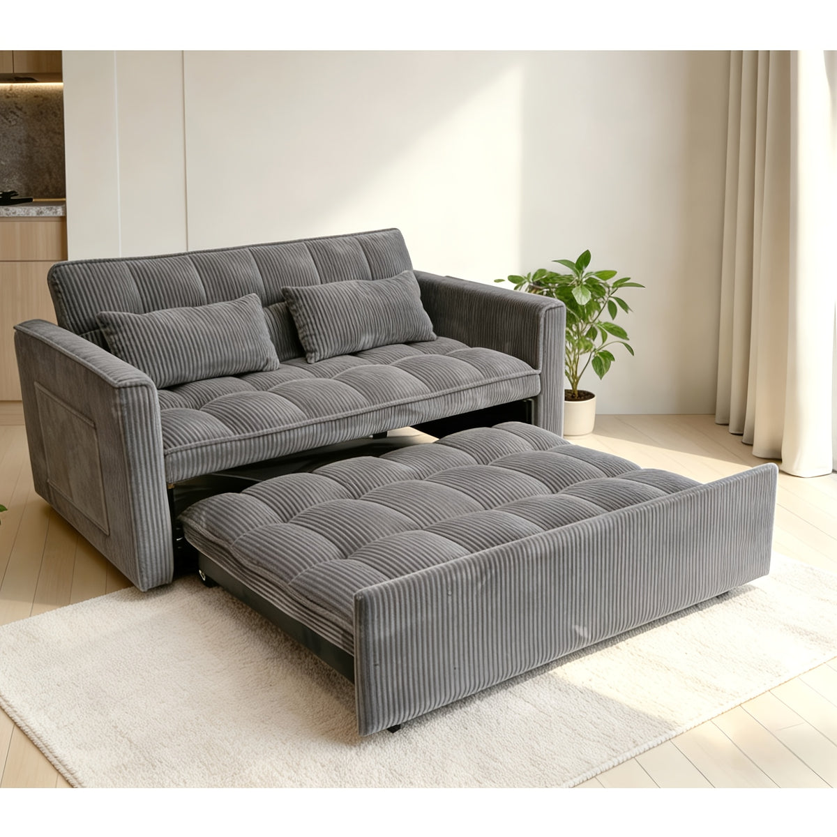 3-in-1 Convertible Sofa Bed, 54-inch Striped Velvet Pull-out Sofa Bed with Adjustable Backrest And 2 Pillows, Small Double Lounge Sofa Suitable for Small Spaces